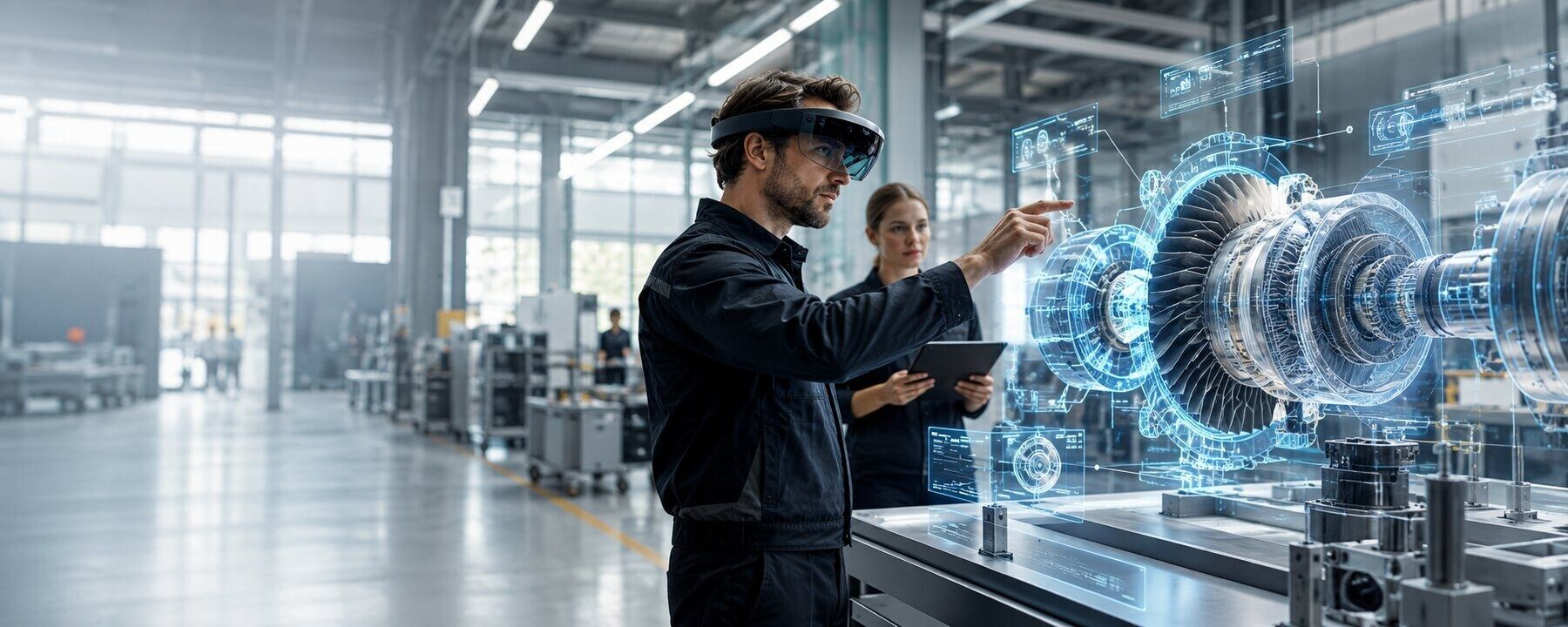 Ingenieur interagiert in einer modernen Fertigung mit einer räumlichen 3D-Visualisierung einer Maschine