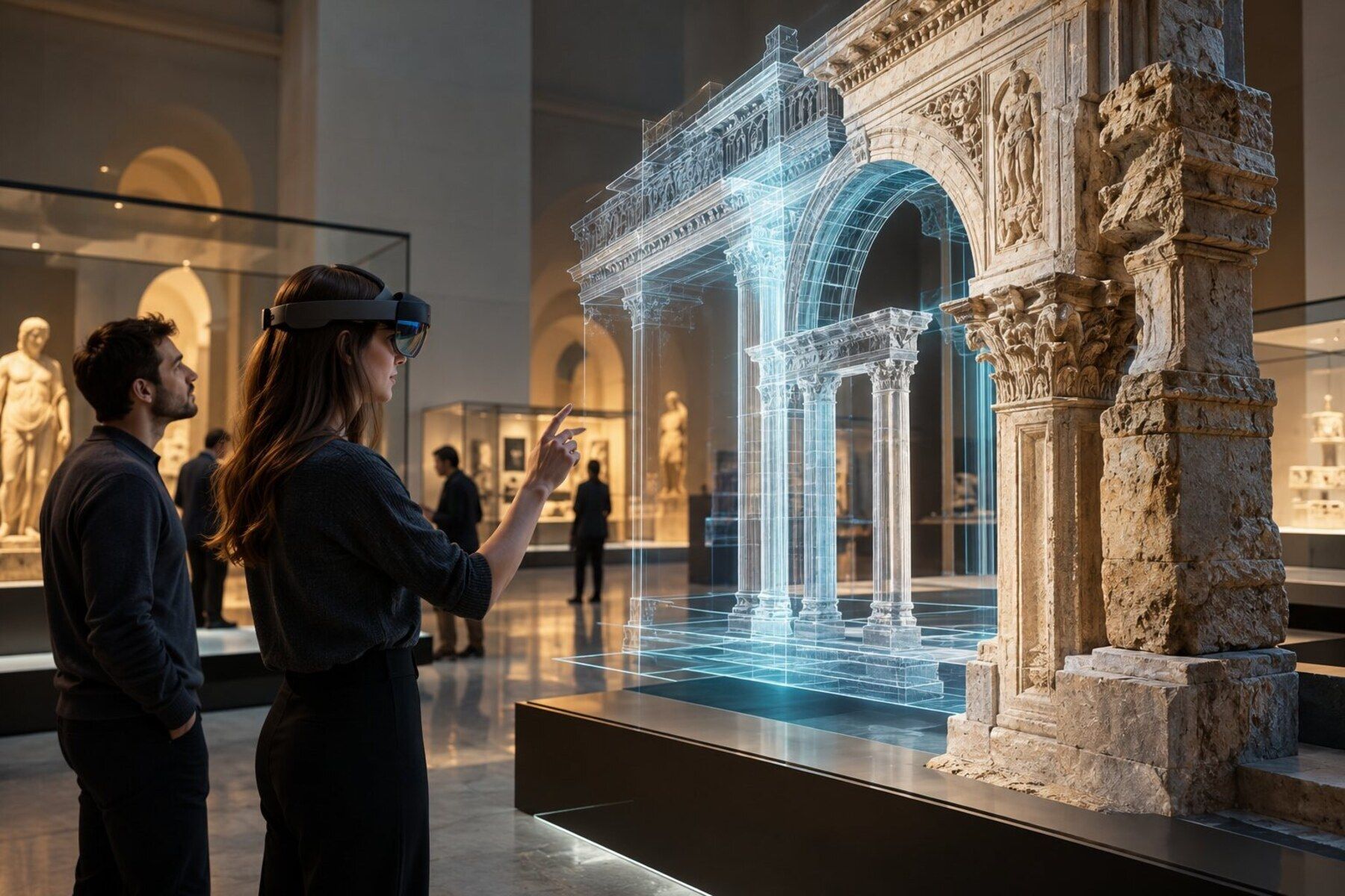 Museumsbesucherin betrachtet eine AR-Rekonstruktion eines historischen Bauwerks