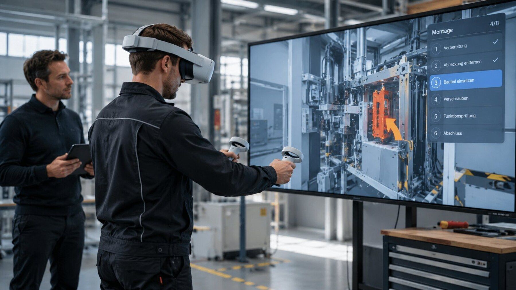 Mitarbeiter absolviert ein VR-Training für einen industriellen Montageablauf